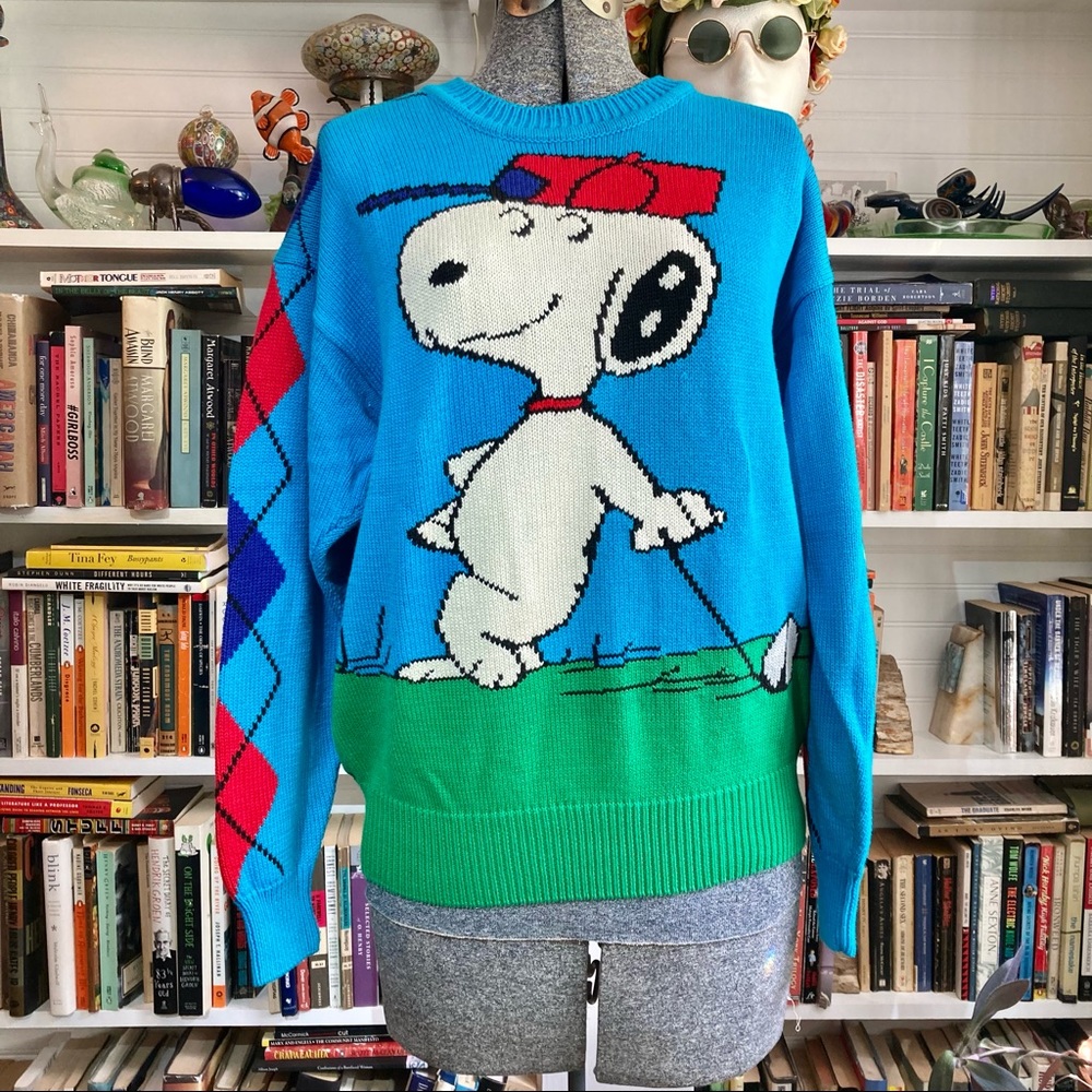 vintage snoopy and friends by bill ditford golf themed knit sweater peanuts